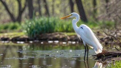 Obraz premium Cattle Egret Standing Gracefully by a Calm Pond Surrounded by Lush Greenery on a Sunny Spring Day