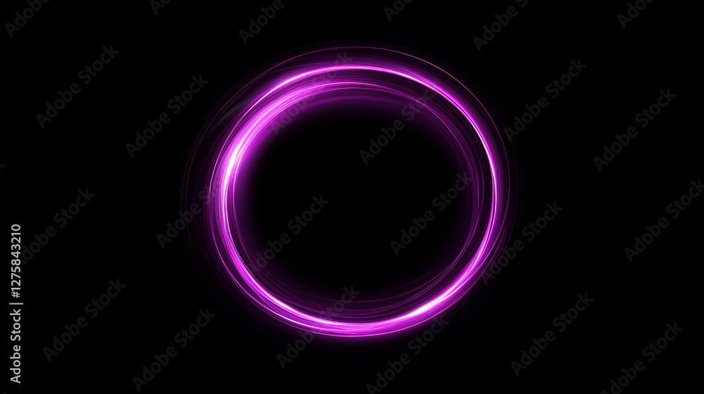 Poster neon planet ring with light glow energy effect. magic cosmos round line flare with purple speed trai