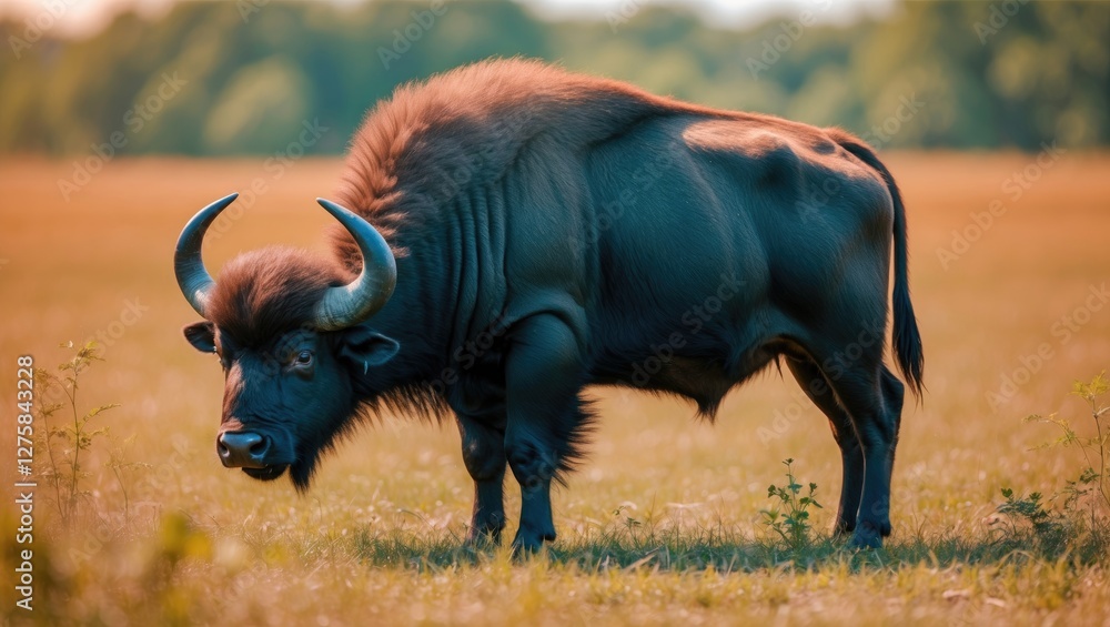 Aufkleber young swamp buffalo grazing in open field with natural scenery and blank space for text or caption u