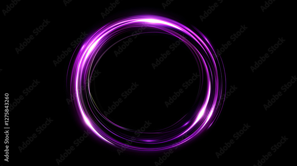 Poster neon planet ring with light glow energy effect. magic cosmos round line flare with purple speed trai