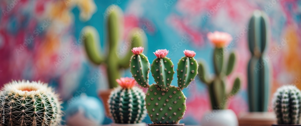 Aufkleber colorful cactus arrangement with abstract blurred background ideal for web design and wallpaper feat