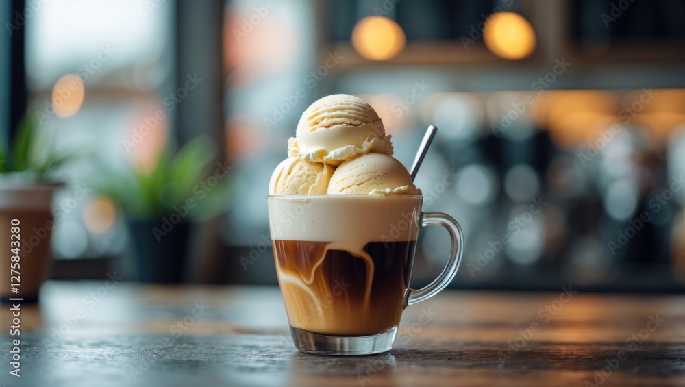 Poster coffee with vanilla ice cream in glass cup on a table with blurred background and empty space for te