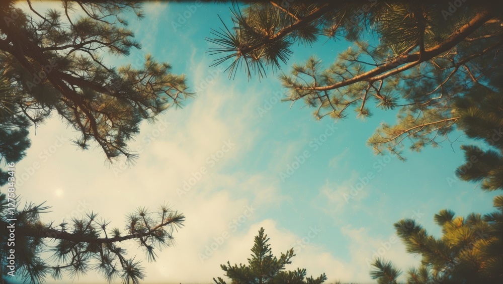 Poster serene view of pine tree branches framing a clear sky with soft clouds and empty space for text or m