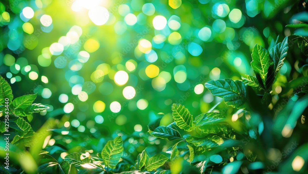 Poster bokeh effect with lush green leaves creating a tranquil nature background and space for text or over