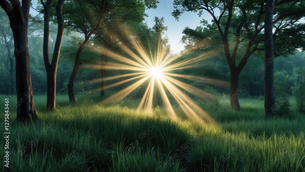 Poster radiant light burst illuminating trees and lush grass with ample space for text overlay in a serene 