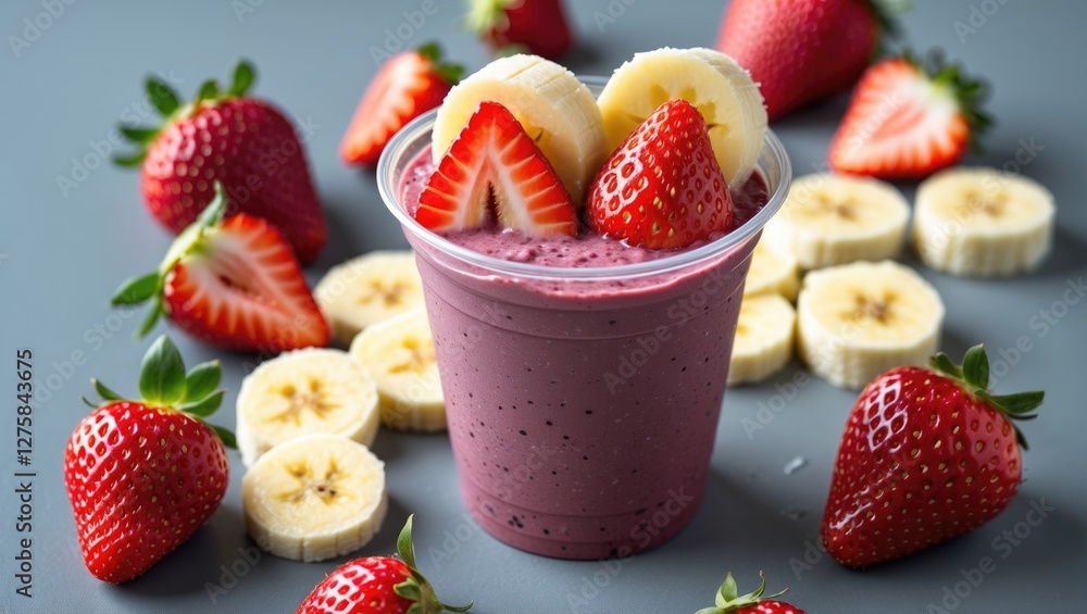Poster fresh acai smoothie with strawberry and banana slices in a clear cup surrounded by whole fruits and 