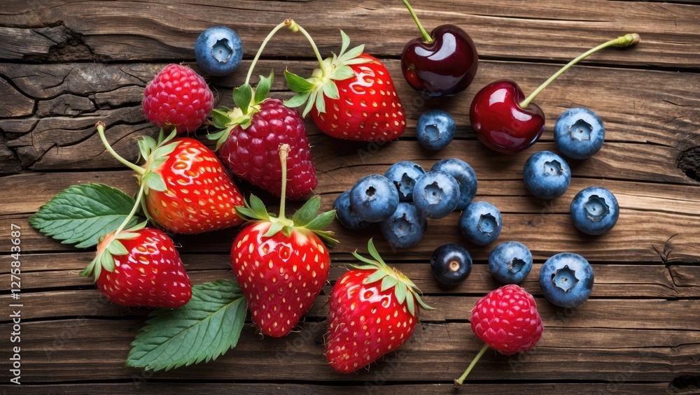 Poster assorted fresh berries on rustic wooden surface strawberries raspberries blueberries and cherries wi