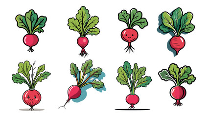 Sets icon collection of cartoon style radishes with varying leaf shapes and faces, arranged in two rows. The vibrant colors and playful designs make it visually engaging and appealing