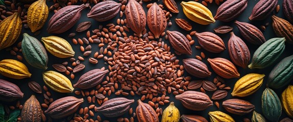 Obraz premium Cacao Pods and Fresh Seeds Displayed in a Circular Arrangement for Farming and Chocolate Production Concept