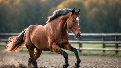 Obraz premium Dynamic Horse Running in Pasture with Empty Space for Custom Text or Branding