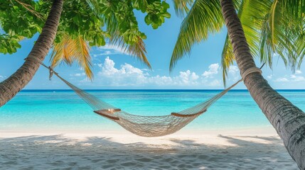 Fototapeta premium A hammock tied between two palm trees on a private beach, crystal-clear water in the background, relaxation and vacation concept.