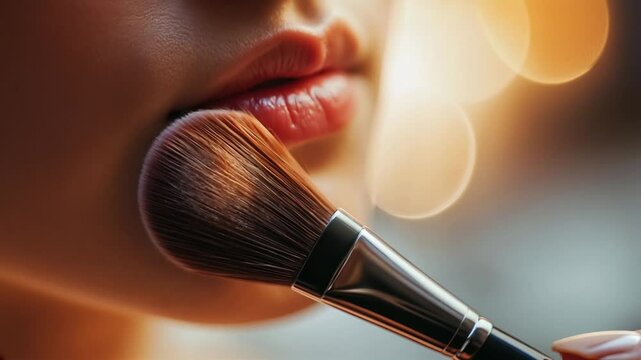 Young beautiful Asian woman applying brown blush on her skin with brush