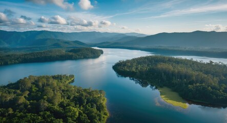 Fototapeta premium Serene Aerial View of a Lake Surrounded by Lush Rainforest and Rolling Mountains Under a Clear Blue Sky