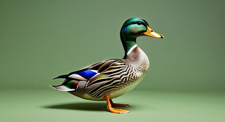 Obraz premium Duck on plain green background side view portrait