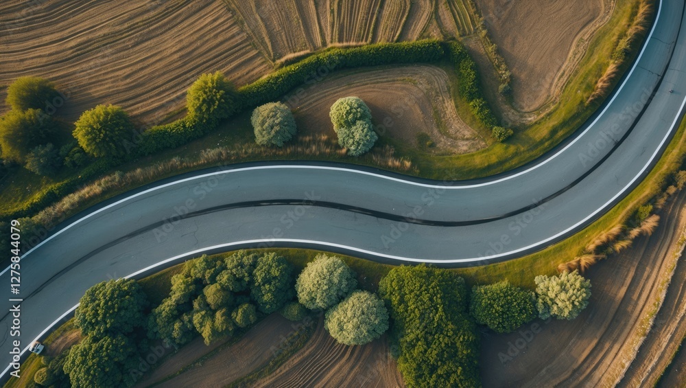 Poster aerial view of a winding asphalt road through lush fields and greenery with ample space for text and