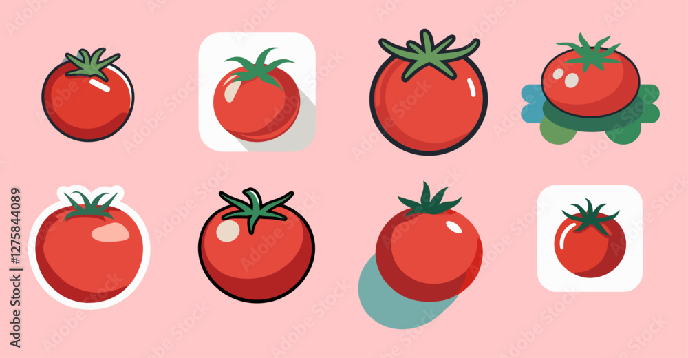 Poster sets icon collection of cartoon style tomatoes with unique designs on a pink background, each featur