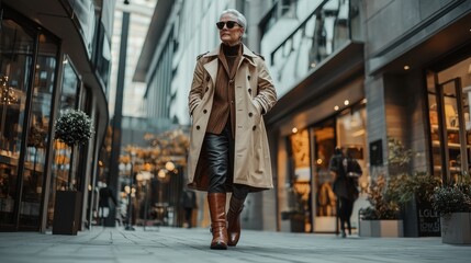 Naklejka premium A stylish senior woman confidently strides along a modern city street, exuding elegance in a classic trench coat, leather pants, and high fashion boots.