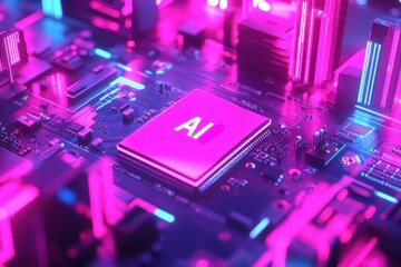 Futuristic AI Chip on Circuit Board with Neon Glow Effects