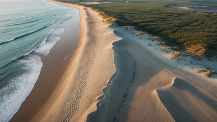 Aerial View of Serene Coastal Sand Dunes and Beaches with Gentle Waves and Lush Greenery in the Background