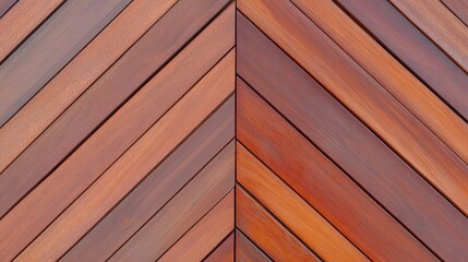 Close-up of beautifully arranged herringbone wood panels showcasing rich shades of brown and orange that create a warm and inviting vibe.