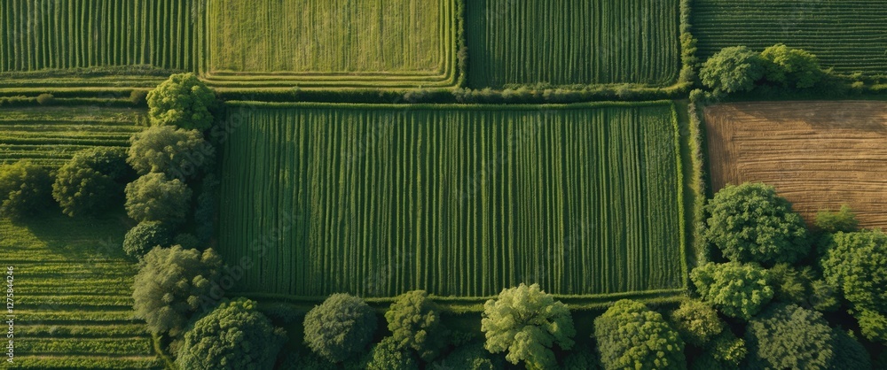 Aufkleber aerial view of lush green agricultural fields with trees and expansive copy space for text or graphi