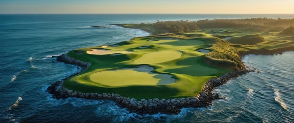 Aerial View of Lush Golf Course Overlooking Serene Ocean at Sunrise with Coastal Landscape