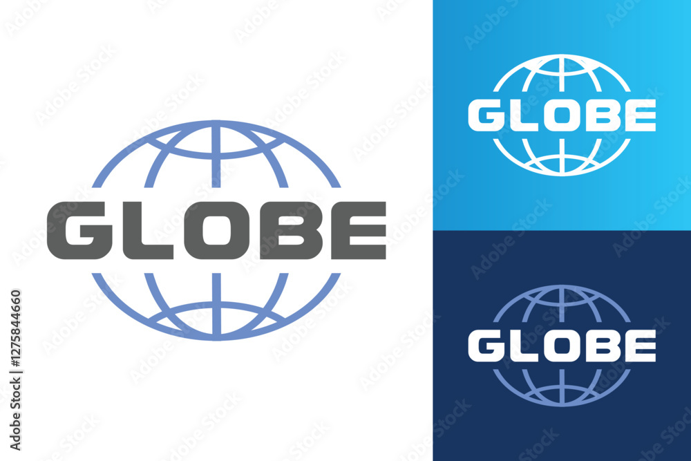 Poster the image shows a wordmark logo design of letters globe with a globe icon in soft blue color that lo