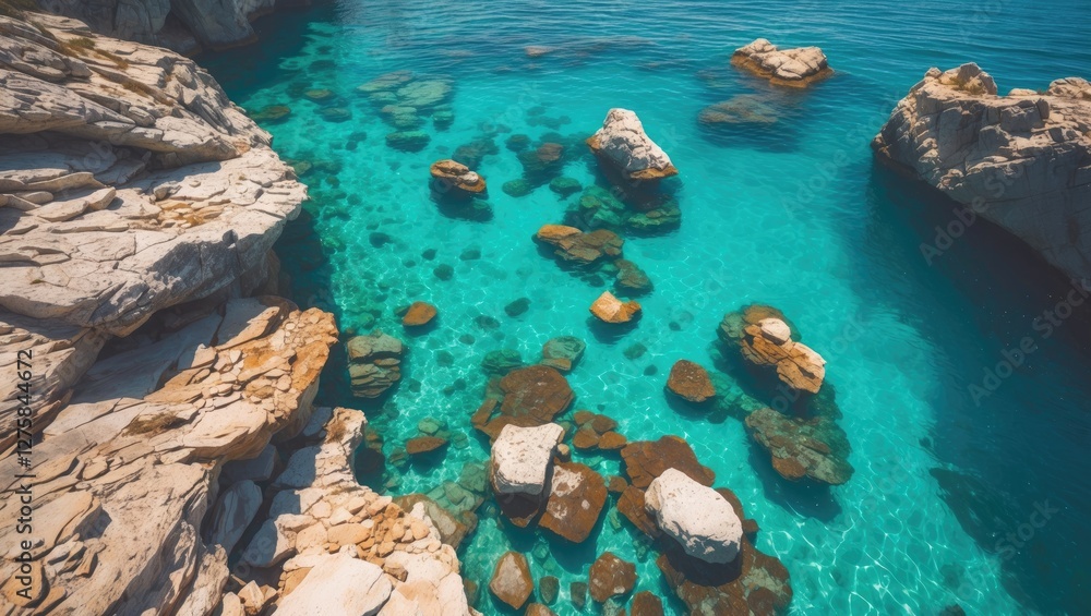 Poster aerial view of clear turquoise water and underwater rocks with empty space for text or overlay desig