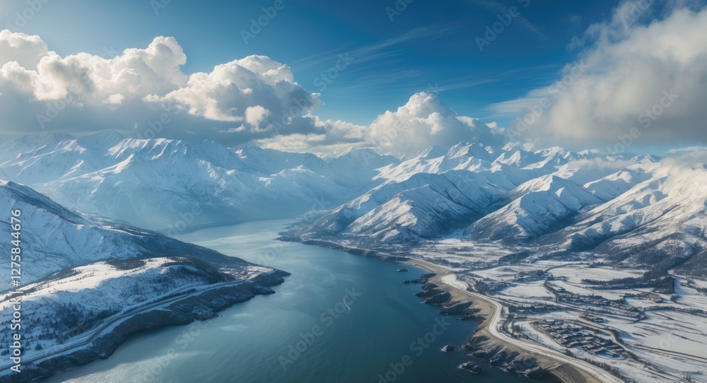 Aufkleber aerial perspective of snow-covered mountains and serene waters under cloudy sky with copy space for 