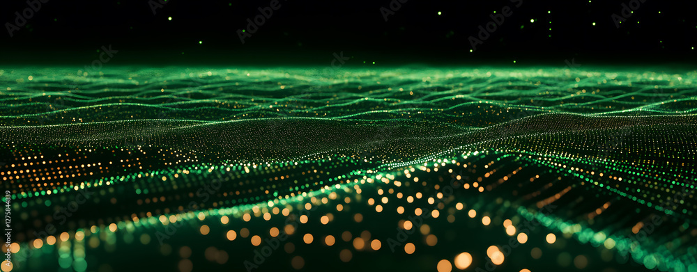 Poster abstract green and gold digital wavefield landscape a stunning visualization of data points and netw