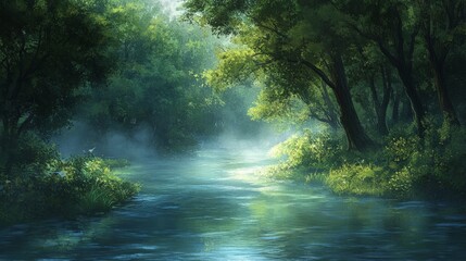 Obraz premium A peaceful river winding through a dense forest, morning mist rising from the water surface.