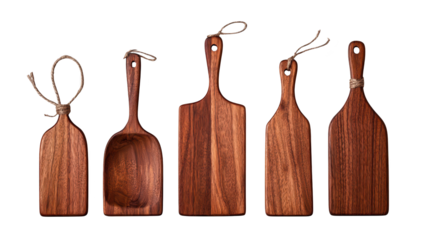 Rustic charm,five wooden paddles with rope handles on a black background 