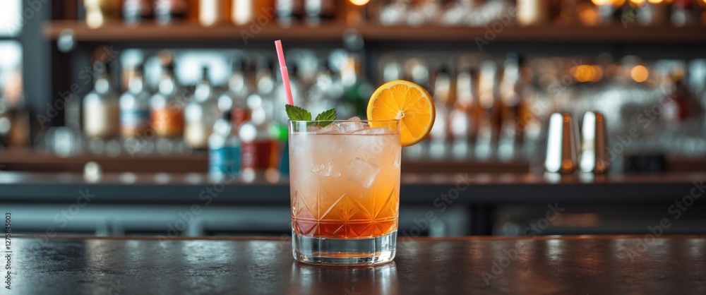 Poster refreshing cocktail in a glass on a bar counter with vibrant background and space for text, perfect 
