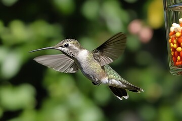 Fototapeta premium Hummingbird in flight near feeder