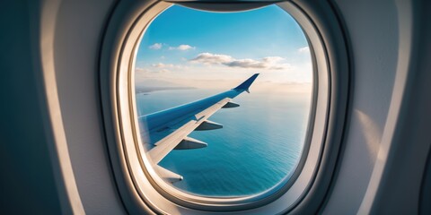 Fototapeta premium Airplane Window View Over Ocean With Wing And Sky Ideal For Travel Promotion And Inspirational Text Space