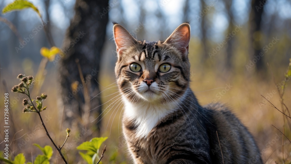 Aufkleber playful tabby cat surrounded by nature with vivid greenery and empty space for text overlay