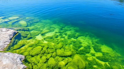 Obraz premium Bright green algae underwater, clear water