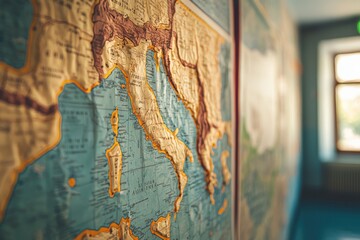 A close-up of a detailed map of the Roman Empire pinned on a history classroom wall