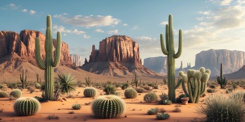 Desert Landscape Featuring Cacti and Dramatic Rock Formations with Clear Sky and Space for Text Overlay