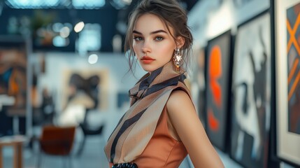 A beautiful woman in a modern outfit, adorned with unique earrings, strikes a pose in an art gallery with abstract paintings and ambient light.