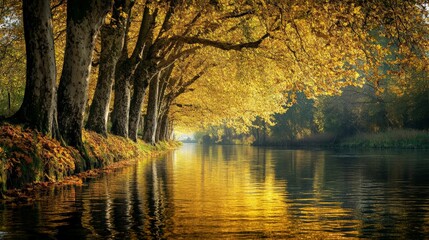 A peaceful riverbank lined with autumn trees, golden reflections dancing on the water surface.