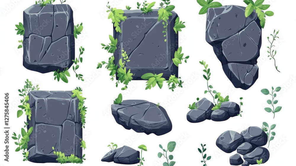 Poster stone game menu boards with vines. tablets, buttons, cartoon interface plaques, frames and arrows of