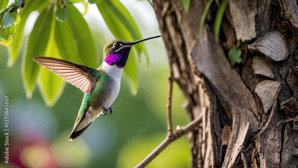Poster anna's hummingbird hovering near a tree in a backyard with green foliage and space for text overlay