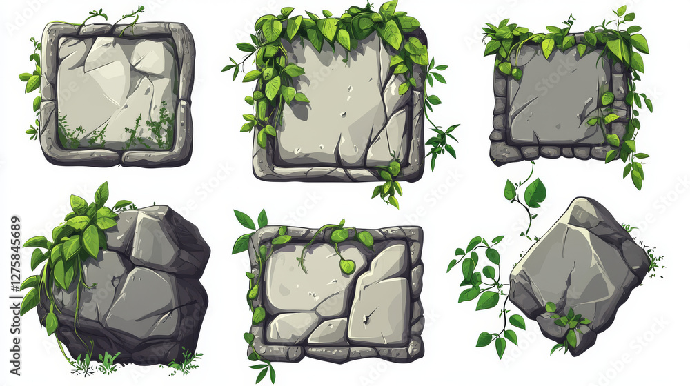 Aufkleber stone game menu boards with vines. tablets, buttons, cartoon interface plaques, frames and arrows of