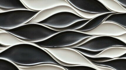 Abstract black and white wave pattern design with glossy finish, perfect for modern interior decor and artistic wall coverings.