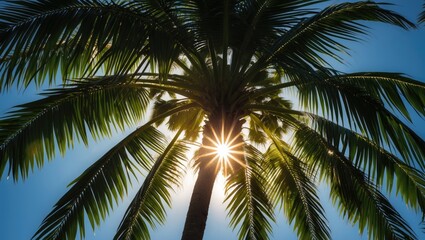 Fototapeta premium Sunlight Filtering Through Palm Fronds Creating a Stunning Starburst Effect Against a Clear Blue Sky