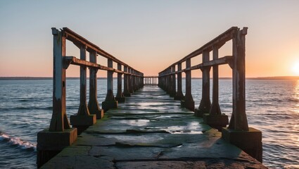 Fototapeta premium Old Derelict Pier at Sunrise Over Water with Empty Space for Text and Editorial Use in Landscape Format