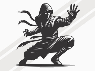 Ninja Silhouette Black Color. Stealthy Japanese Warrior Clipart and Vector Art