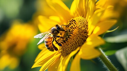 A stunning close-up of a bee collecting nectar from a vibrant sunflower, perfectly capturing nature pollination process.