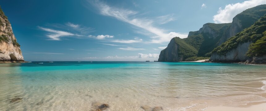 Scenic panoramic view of a tranquil beach with crystal clear blue water and lush green cliffs against a clear sky, ideal for text overlay.